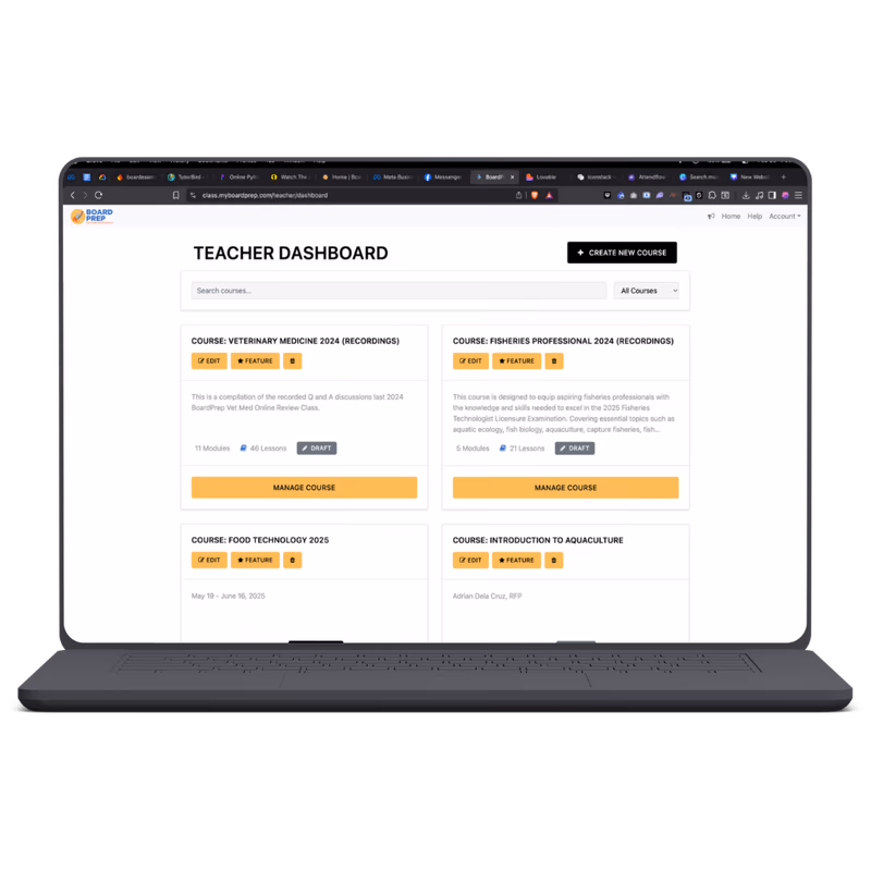 BoardPrep Classroom teacher dashboard with veterinary and fisheries courses