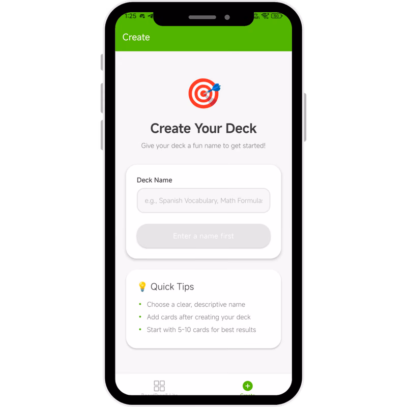 BoardPrep Lite create-your-deck screen for custom flashcards